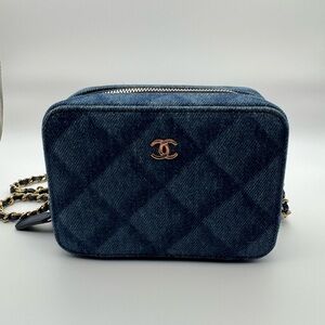 Authentic Chanel Denim Quilted Camera Vanity Crossbody Bag - Blue